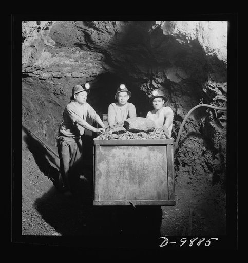 Production. Mercury. Loading mercury ore into a mine car by hand at the New Idria, California plant of the New Idria Quicksilver Mining Company. Triple-distilled mercury is produced from cinnabar, an ore containing sulphur and mercury mined at a number of workings near the plant