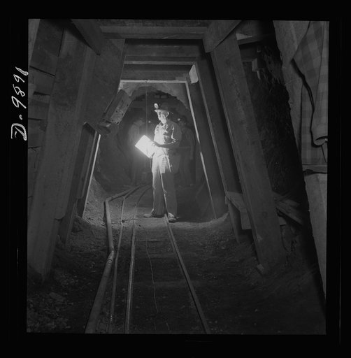 Production. Mercury. Inspecting new timbering at the New Idria, California mercury mine of the New Idria Quicksilver Mining Company. Triple-distilled mercury is produced from cinnabar, an ore containing sulphur and mercury mined at a number of working near the plant
