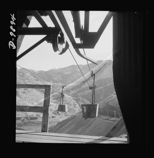 Production. Mercury. Aerial tramway which carries mercury ore from mines at New Idria, California to a nearby extraction plant. Triple-distilled mercury is produced here by the New Idria Quicksilver Mining Company from cinnabar, an ore containing sulphur and mercury mined at a number of workings nea