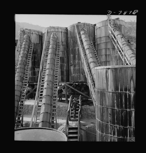 Production. Mercury. A mercury extraction plant at New Idria, California. Triple-distilled mercury is produced here by the New Idria Quicksilver Mining Company from cinnabar, an ore containing sulphur and mercury mined at a number of workings near the plant