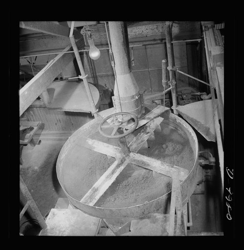 Production. Mercury. Collecting mercury from soot deposited in condenser chamber at a New Idria, California extraction plant of the New Idria Quicksilver Mining Company. Triple-distilled mercury is produced here from cinnabar, an ore containing sulfur and mercury, mined at a number of workings near 