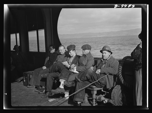 California shipyard workers. These shipbuilders enjoy a scenic ride to work every day aboard a special ferry going from San Francisco to the giant shipyards across the bay