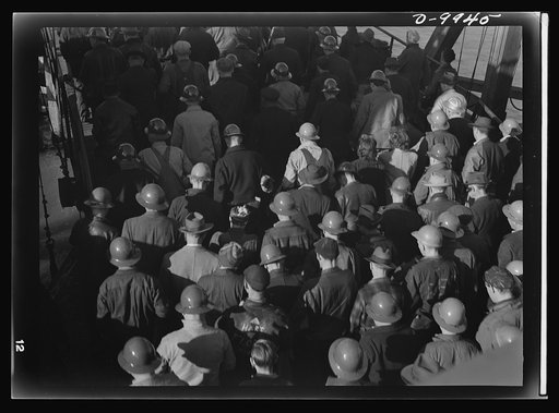California shipyard workers. Workers on the day shift at the Richmond, California shipyards leaving the ferry in San Francisco