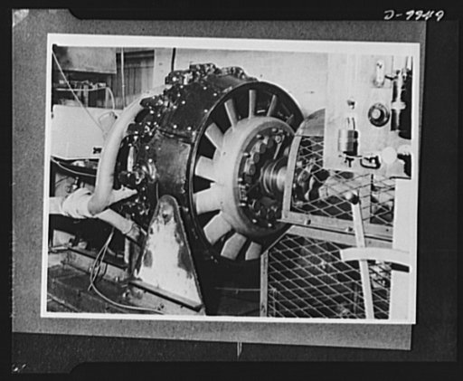 Lend-lease to Britain. A "Whirlwind" radial airplane engine on test after assembly at an English ordnance depot, part of a shipment of lend-lease material shipped by the United States