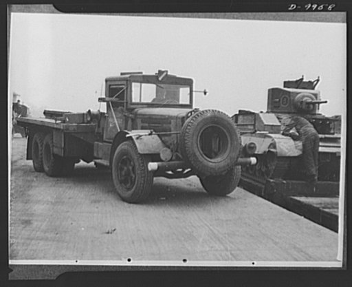Lend-Lease to Britain. American tank transporter, shipped to England under lend-lease goes into service at a central ordnance depot in the English Midlands
