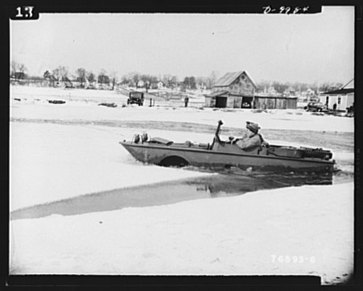 Sea jeeps. After breaking through the shore ice, the Ford-built amphibian car makes its way through ice floes and water at a good speed