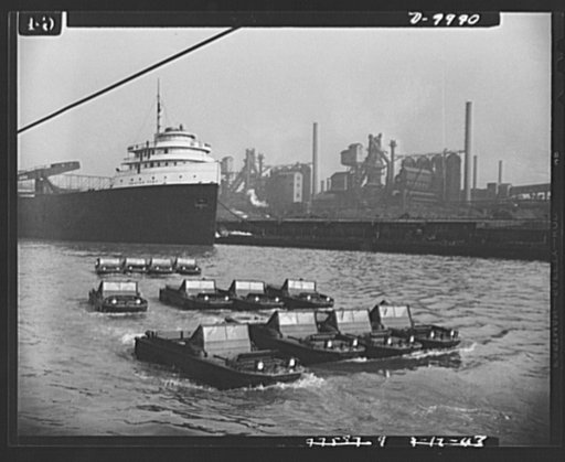 Sea jeeps. This picture shows the Ford amphibian reconnaissance car in test at the Ford Motor Company's Rouge plant and in the Huron River. The photo shows tests of the land-water cars in the Rouge River slip