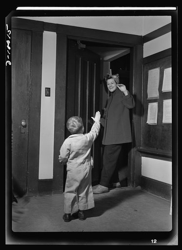 War workers' nursery. Knowing her five-year-old will be well cared for while she works in war industry, Mrs. J.E. Schroeder leaves her son Bryan at his nursery school and starts off to work. With the youngster's safety off her mind, she'll be able to concentrate fully upon her job