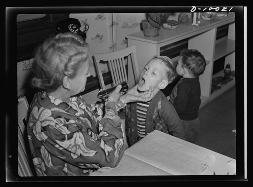 War workers' nursery. Jimmy Solavich whose mother works in a local war plant, must pass health inspection every morning at his Oakland, California nursery school. To protect all children from contagion, Mrs. Elsie Curran, school supervisor, inspects each child upon arrival