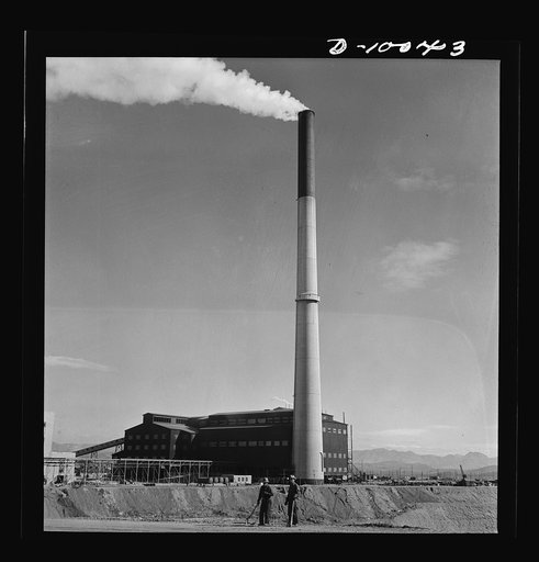 Production. Copper. Plant and smokestack of a large copper smelter of the Phelps-Dodge Mining Company at Morenci, Arizona. This plant supplies great quantities of the copper so vital in our war effort