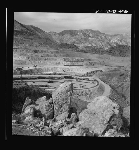 Production. Copper. Open-cut copper mining operations at the Phelps-Dodge Mining Company at Morenci, Arizona. This plant is supplying great quantities of the copper so vital in our war effort