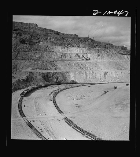 Production. Copper. Open-cut copper mining operations at the Phelps-Dodge Mining Company at Morenci, Arizona. This plant is supplying great quantities of the copper so vital in our war effort