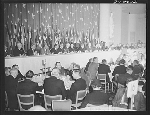 On the dais at luncheon in honor of second anniversary of lend-lease, held March 11, 1943, at the Hotel Statler, Washington, D. C. Left to right: minister of the Union of South Africa, Ralph William Close; ambassador of Greece, Cimon Diamantopoulos; ambassador of Panama, Senor Don Ernesto Jean Guard