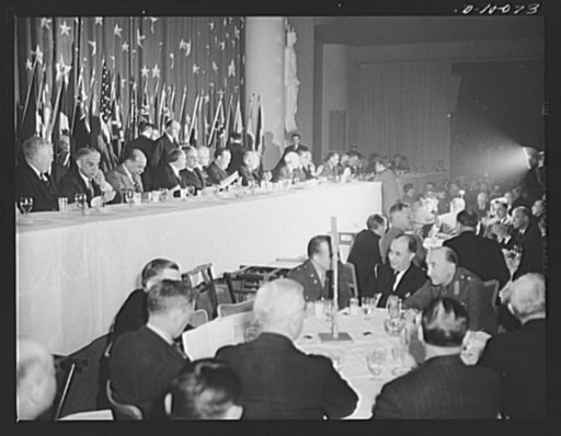 On the dais at luncheon in honor of second anniversary of lend-lease, held March 11, 1943, at the Hotel Statler, Washington, D. C. Left to right: minister of the Union of South Africa, Ralph William Close; ambassador of Greece, Cimon Diamantopoulos; ambassador of Panama, Senor Don Ernesto Jean Guard