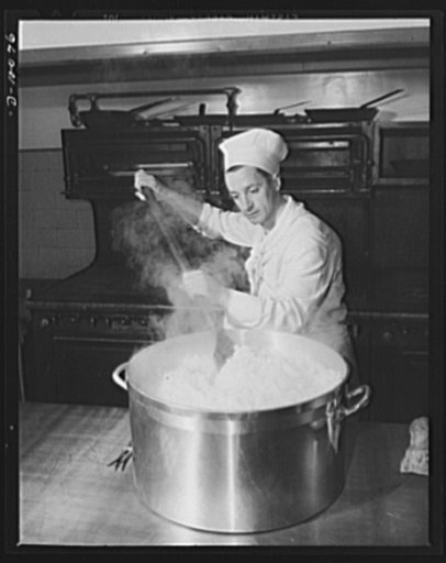 Chef prepares potatoes which had been dehydrated, then rehydrated, for luncheon March 11, 1943, at the Hotel Statler, Washington, D.C., marking the second anniversary of lend-lease