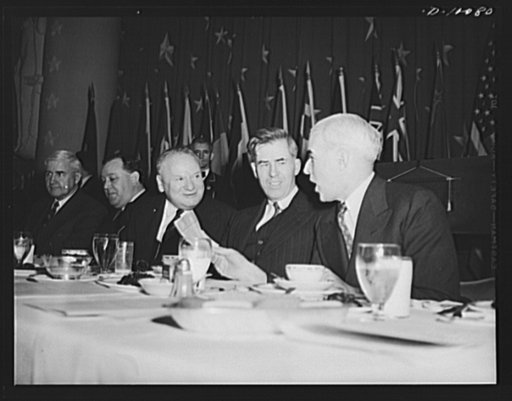 Secretary of Commerce Jesse Jones; Norwegian foreign minister Trygze Lie; Russian ambassador Maxim Litvinov; Vice-President Henry A. Wallace and lend-lease Administrator Edward R. Stettinius, Jr., at luncheon in observance of second anniversary of lend- lease, on March 11, 1943, at the Hotel Statler