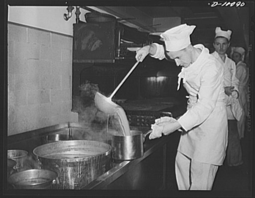 Chefs prepare soya bean soup, which had been dehydrated, then rehydrated, for luncheon, March 11, 1943, at the Hotel Statler, Washington, D.C., which marked the second anniversary of lend-lease