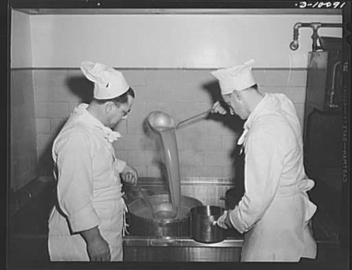 Chefs prepare soya bean soup, which had been dehydrated, then rehydrated, for luncheon, March 11, 1943, at the Hotel Statler, Washington, D.C., which marked the second anniversary of lend-lease