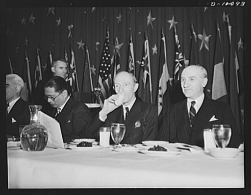 The Chinese foreign minister T.V. Soong, the British ambassador Lord Halifax, and the Belgium ambassador Count Robert van der Straten-Ponthoz, at luncheon on second anniversary of lend-lease, on March 11, 1943, at the Hotel Statler, Washington, D.C. The menu consisted of food which was first dehydra