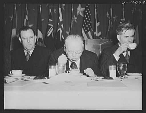Norwegian foreign minister, Trygze Lie; Russian ambassador Maxim Litvinov; and Vice-President Henry A. Wallace at luncheon of dehydrated food commemorating second anniversary of lend-lease, held March 11, 1943, at Hotel Statler, Washington, D.C.