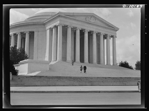 Jefferson Memorial. Exterior of the Jefferson Memorial, Washington, D.C. Dedicated on the third president's bi-centennial anniversary, April 12 [i.e. 13] , 1943, the 3 million dollar building was designed by Russel [i.e. Russell] Pope and is constructed of marble from Vermont, Missouri, Georgia and 
