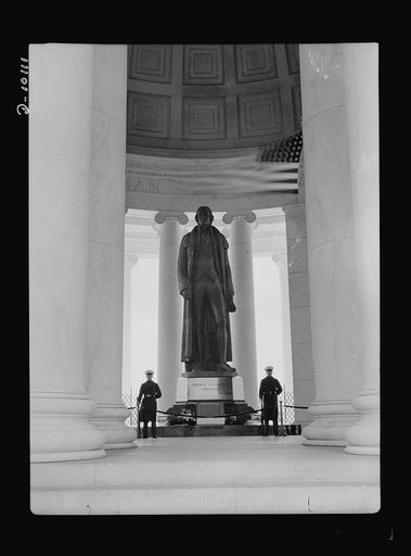 Jefferson Memorial. Within the Jefferson Memorial rotunda in Washington, D.C., stands this nineteen-foot statue of America's third president. A Marine Honor Guard stands watch at its base where the original Declaration of Independence has been placed to commemorate Jefferson's bi-centennial annivers