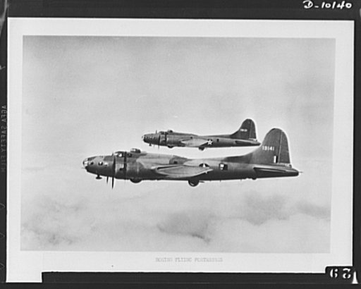 Boeing Flying Fortresses. Guns bristling from turrets, these huge Boeing B-17Es are seen cruising high above the clouds. Described by the War Department as "bigger and more deadly" than any previous Flying Fortress, this plane marks the seventh Boeing B-17 type built for the Army since 1935. Armamen