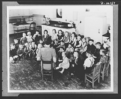 Children are taught good eating habits at nursery established by the Health for Victory Club in a new project of the club's nutrition program at the Westinghouse Electric & Manufacturing Company, at Mansfield, Ohio. Under the direction of a paid kindergarten teacher, the children are taught fundamen