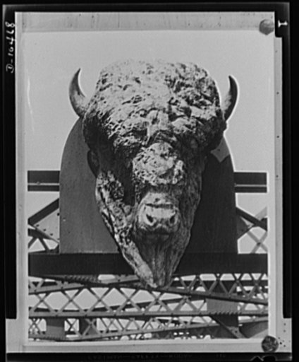 Buffalo head. Symbols of a glorious past join the scrap for freedom. This giant buffalo head is being disposed of as scrap to aid the war effort. The Union Pacific Railroad has notified the Industrial Salvage Section of the War Production (WPB) Board Bureau of Industrial Conservation. It was erected