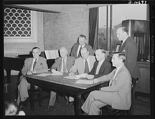 Meeting of speakers, prior to rally for labor-management committee members, Scranton, July 29th. Left to right: Brigadier General Brice P. Disque, Coordinator for Anthracite, Office of Solid Fuels Coordinator for War, Department of Interior; Richard Maize, Secretary of Mines, State of Pennsylvania; 