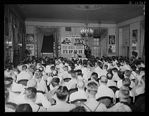 Members of joint labor-management committees at Pottsville, July 30th. Speaking: Dmitri Goulandris, torpedoed sailor. Seated: Chairman J.F. Kershetsky