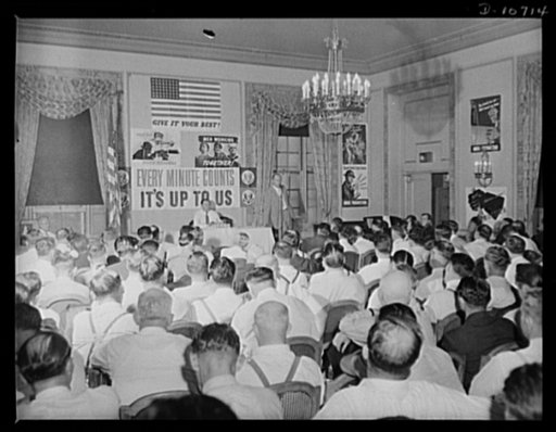 Members of joint labor-management committees at Pottsville, July 30th. Alex G. Nordholm, Chief, Regional Service, War Production Drive Headquarters, speaking. Seated: J.F. Kershetsky, chairman