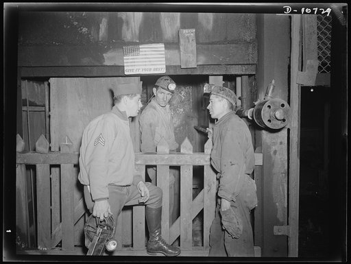 War production drive. Anthracite rallies. Coal mining is serious business, an army sergeant learns from two anthracite miners as they prepare to descend into the mine. At Pennsylvania miners' rallies, on September 28th through October 1st, servicemen learned how hard coal is extracted beneath the ea