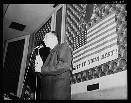 Dmitri Goulandris, torpedoed sailor, speaking before labor-management committee members at Scranton, July 29th