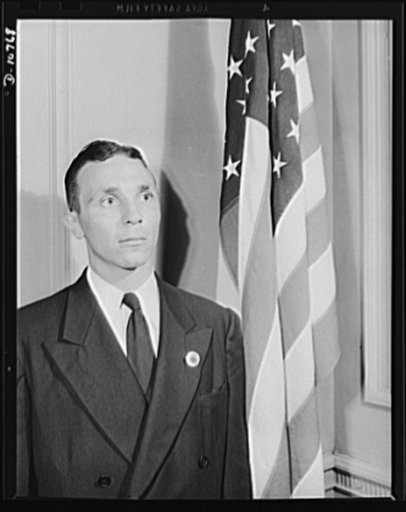 Dmitri Goulandris, torpedoed sailor, speaking before labor-management committee members at Hazleton, July 30th