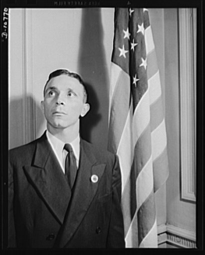 Dmitri Goulandris, torpedoed sailor, speaking before labor-management committee members at Hazleton, July 30th
