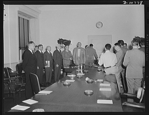 Press conference following meeting between Lord Beaverbrook, British Minister of Supply and representatives of the Office of Personnel Management (OPM) on August 19, 1941 at Washington, D.C. This conference dealt with the question of military and civilian supplies to further the war against Germany