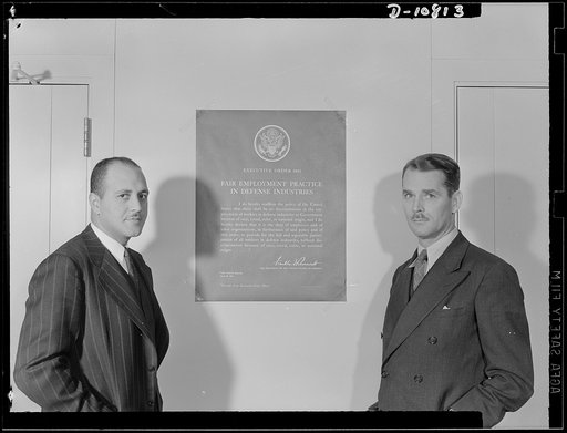 Defense plant poster. Robert C. Weaver, chief of Negro Employment and Training Branch of Labor Division, Office of Personnel Management (OPM). Lawrence Cramer, executive secretary of President Committee on Fair Employment Practice