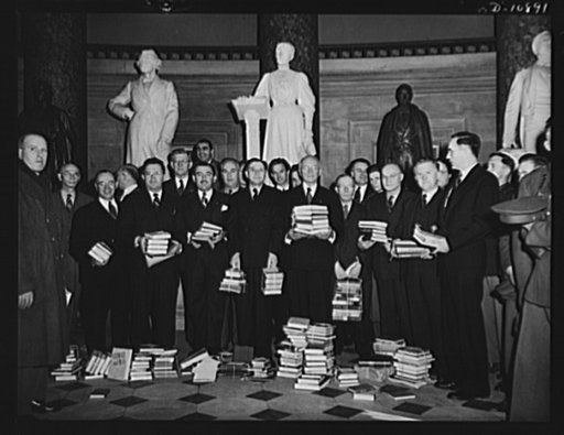 Victory Book Campaign. Members of the House of Representatives display books they contributed to the 1943 Victory Book Campaign. Holdig books are (left to right): Representative Aime J. Forand of Rhode Island; Representative Ralph Church, Illinois; Representative Thomas D'Alessandro Jr., Maryland; R
