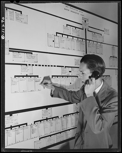 War Production Board Administrative Division "flexible" master organization chart of the WPB on which the offices and lines of authority are designated by movable tabs for organizational changes