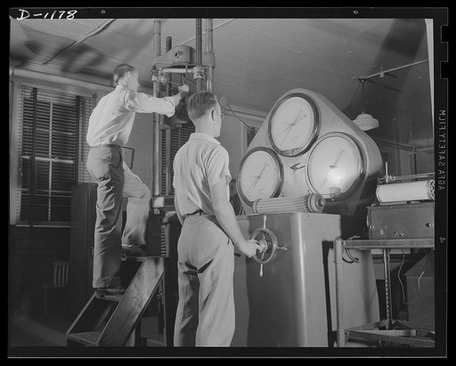 Steel manufacture, Allegheny-Ludlum. Testing is an integral part of the work at the steel mills. Thousands of dollars worth of amazingly accuarate testing machinery will be found in every mill, testing tensile strength, elastic limit, elongation and reduction of area. All steel is thoroughly tested 