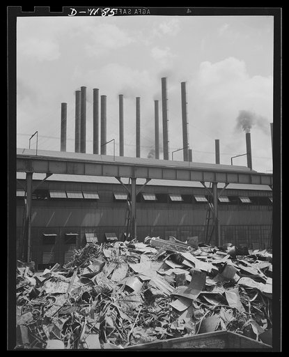 Steel manufacture, Allegheny-Ludlum. It won't be long now! Here's a pile of scrap collected from various roadside junkheaps for re-use by the steel mills producing for defense. Soon it will be loaded into open hearth and other types of furnaces to be used in the production of new steel for defense i