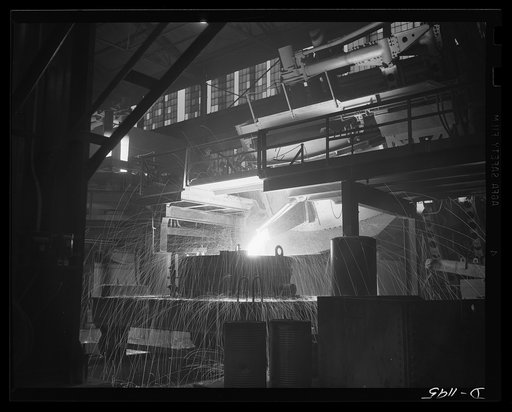 Steel manufacture, Allegheny-Ludlum. White-hot steel pours like water from a thirty-five ton electric furnace. The finest quality steels and alloys are produced in these furnaces, which allow much greater control of temperature than other conversion furnaces. The proportion of electric furnace steel