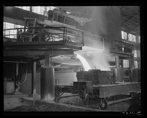 Steel manufacture, Allegheny-Ludlum. White-hot steel pours like water from a thirty-five ton electric furnace. The finest quality steels and alloys are produced in these furnaces, which allow much greater control of temperature than other conversion furnaces. The proportion of electric furnace steel