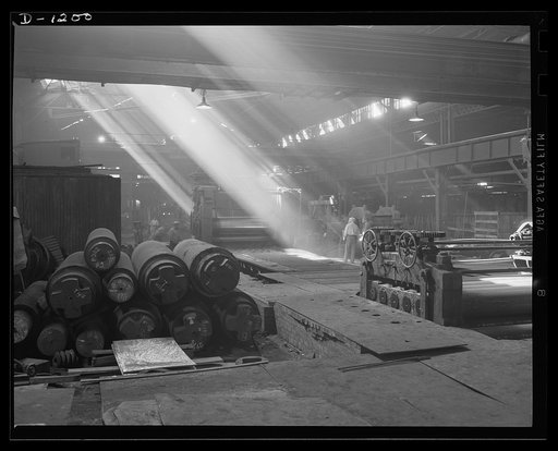 Steel manufacture, Allegheny-Ludlum. Space is a prime requisite for a steel plant. The huge production machinery itself and the various tools for treatment of the steel after it has been refined may extend for acres. In the center here is the exit end of a plate mill. After the plates are hot-rolled