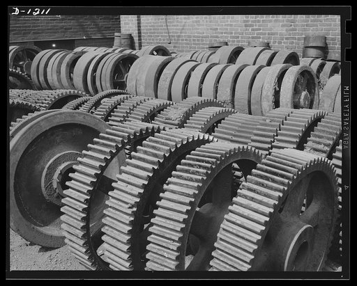 Steel manufacture, Allegheny-Ludlum. These newly cast steel gear blanks will be used in new machinery for the refining and manufacturing of iron and steel. High quality alloys are needed for the machinery to produce steel