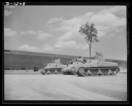 Tank manufacture (Chrysler). Test is thorough at the proving grounds adjoining the Chrysler tank arsenal near Detroit. These are twenty-eight ton M-3 tanks, the steel monster which will make our mechanized forces the equal of any in the world in tank warfare. The lower of the two gun barrels is that