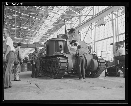Tank manufacture (Chrysler). At the completion of their seventy-five mile test run, each Chrysler M-3 tank is checked by government inspectors. The testing is designed to bring out any possible flaw in construction and is conducted on a large proving ground just outside the huge Chrysler tank arsena