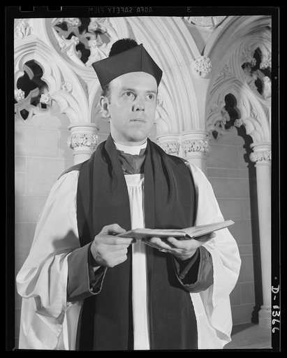 The four freedoms. Freedom of worship is one of the keystones of democracy. It is for the preservation of these freedoms that we are devoting an ever increasing part of our productive capacity to defense. Subject is Reverend Father West, the Cathedral of Saint John the Divine, in New York City