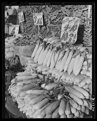 The four freedoms. No ration cards here. Market stands piled high with tasty, healthful food for all are among these tidings for which Americans are grateful and for which they are building up their arsenal of defense. Above is a section of a public market stand in New York City
